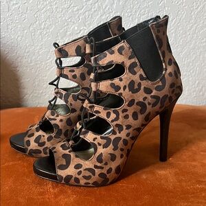 Jennifer Lopez Leopard Print Lace-Up Peep Toe Stiletto Booties